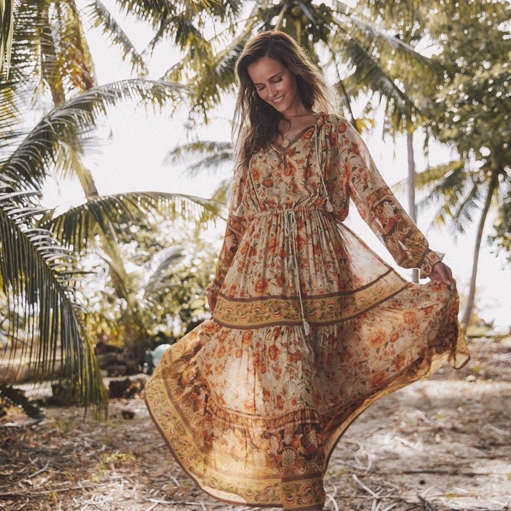 Boho Floral Maxi Dress in Cream and Brown